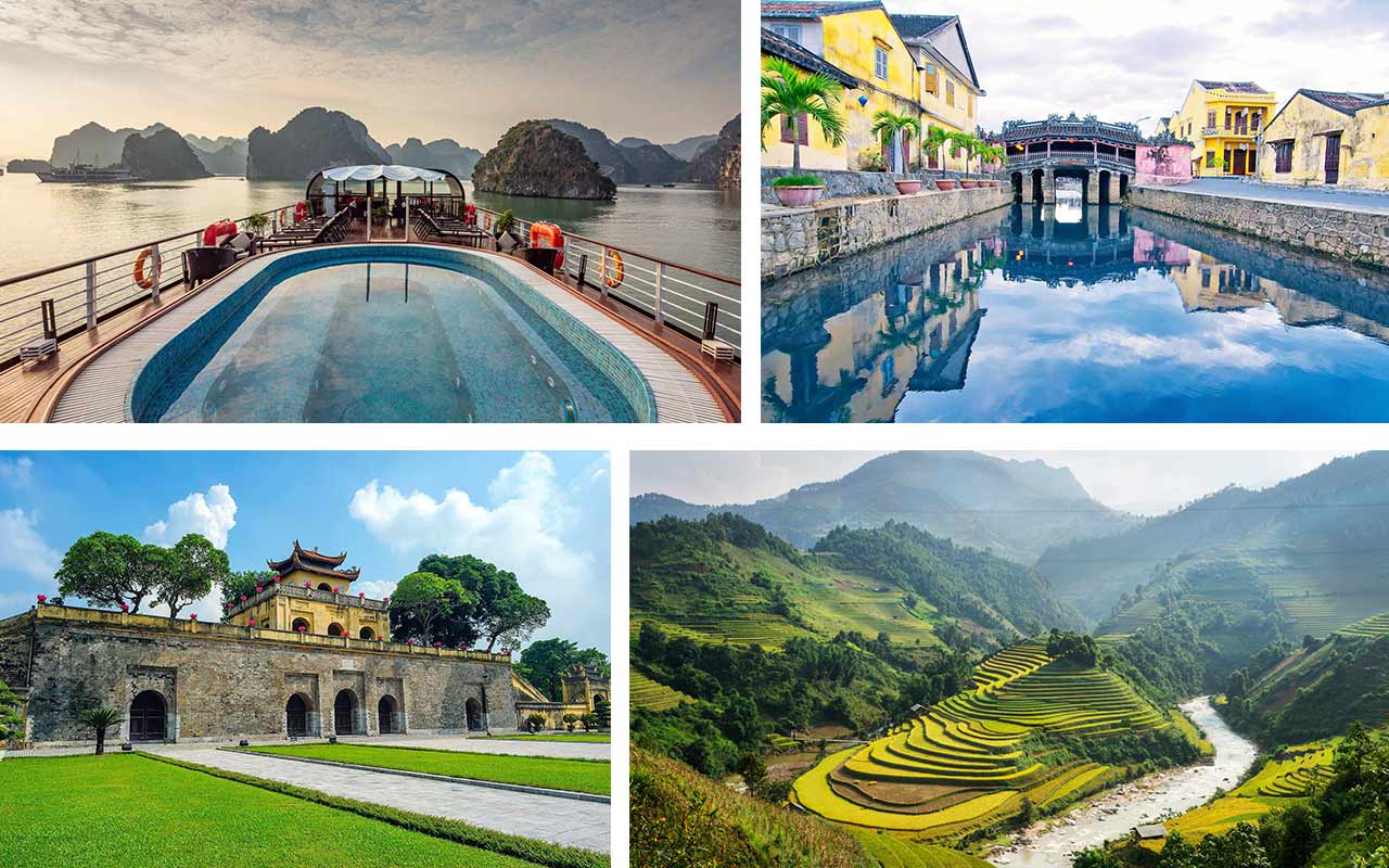 Collage showcasing top tourist destinations in Vietnam: Halong Bay luxury cruise sundeck, Hoi An's iconic Chua Cau bridge, Sapa's breathtaking rice terraces, and the historic Thang Long citadel in Hanoi.