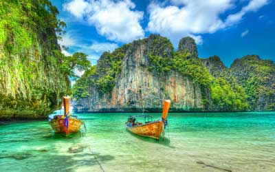 Beautiful beach in Phi Phi Islands with clear blue water and white sand