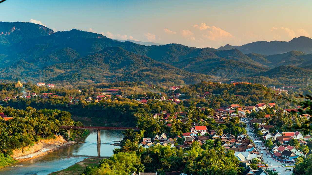 Panoramic view of Luang Prabang and the Mekong River from the summit of Mount Phousi.