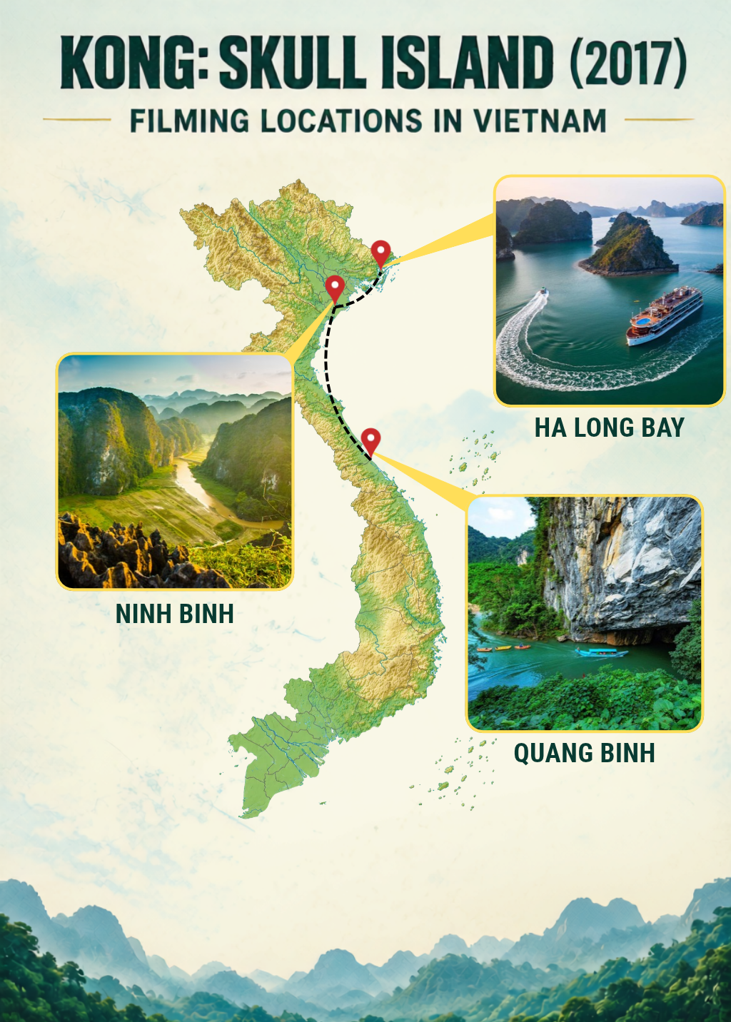Map of Vietnam showing Kong: Skull Island filming locations in Ninh Binh, Ha Long Bay and Quang Binh